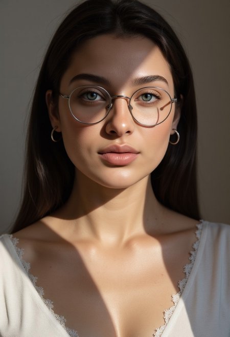 A hyper-realistic portrait. cinematic upper body photo, Dramatic Shadow with a Bold Look, A brunette woman, her hair neatly styled with subtle highlights that catch the light softly, beam of light on her, She wears round, silver-framed glasses perched elegantly on the bridge of her nose, excellent dynamic range, makeup, natural youthful glow. White modern clothes, straight white hair cascading down her shoulders, Her eyes are almond-shaped and striking blue ,accentuated by thick ,eyeliner. Her eyebrows are well-groomed,framing her eyes. approaching perfection, dynamic, highly detailed, smooth, sharp focus, intricate details, shallow depth of field, vignette, high budget, gorgeous, film grain, grainy,(skin texture:1.4) 
 Extreme emphasize on photorealistic, realistic detail, realistic reflection detail and realistic background detail. The atmosphere is one of tranquility and happiness, enhanced by the subtle interplay of light and shadow across the scene