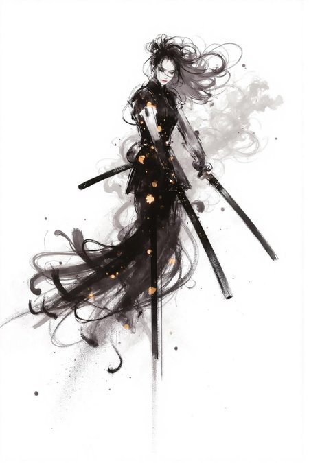 regr1 illustration.   
A female Japanese samurai warrior wielding a katana, blending form with reality. Glitching the surreal with blurred dreams on a white background. Woven light fuses delicatly with whispering shimmers creating a eyecatching and masterpiece artwork. drifting fog, cracked light and smokey haze in floating threads finishes the dreamlike reality. The background is stark white. <lora:regr3_shoujo_nocap_d6a3:1.0><lora:808056899699310807:0>