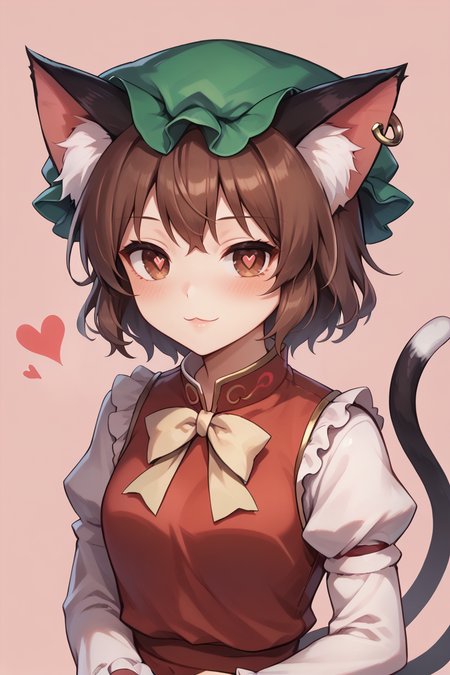 score_9, score_8_up, score_8, score_9, 1 girl,  source_anime, <lora:chen_pony-10:1>, chen, brown hair, brown eyes, cat ears, green hat, mob cap, two tails, red dress, juliet sleeves, frills, <lora:Concept Art Ultimatum Style LoRA_Pony XL v6:0.8>, <lora:princess_xl_v2:0.8>, <lora:Smooth Anime 2 Style SDXL_LoRA_Pony Diffusion V6 XL:0.8>, <lora:add-detail-xl:-0.5>, danmaku, touhou, heart, heart-shaped pupils, heart eyes, blush