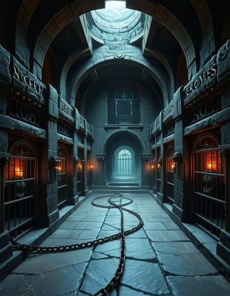 Deep within the necromancerâs fortress lies the Cell Block of the Damned, an endless crypt of imprisonment where no living beings resideâonly echoes of suffering and the restless remains of those long forgotten. The architecture is grotesque and unnatural, a fusion of blackened stone, rusted iron, and calcified bone, as if the walls themselves were formed from the fused remains of the dead. The air is cold, stale, and thick with an unnatural mist that coils like spectral fingers along the cracked floor.
Endless rows of iron-barred cells line the cavernous chamber, their interiors cloaked in unnatural darkness. Some cells contain skeletal figures, shackled in rusted chains, their hollow eye sockets glowing faintly with eerie green or crimson light. Others house shadowy wraiths, their indistinct forms flickering like dying embers, bound by ancient runes etched into the very fabric of the stone. A few cells appear completely empty, yet whispers emanate from withinâechoes of prisoners that no longer exist, but whose agony remains imprinted upon reality itself.
The walls pulse faintly, veins of necrotic energy coursing through their surface, feeding upon the despair and suffering trapped within. Chains dangle from the ceiling, some still swinging slightly as if disturbed by unseen forces. Along the floor, pools of black ichor seep from cracks in the stone, shifting unnaturally as if alive, swallowing anything that lingers too long.
At the heart of the chamber stands a monolithic iron cage, its bars twisted and gnarled, as though shaped by something with no regard for natural law. Inside, a shifting mass of bone, spectral energy, and dark mist writhes in eternal torment, its presence a gravitational wound in reality itself. The cage hums with an ominous resonance, its locks sealed with infernal sigils that glow with unholy fire, ensuring that whatever lurks within remains containedâfor now.
Above, an ancient stone archway looms, inscribed with ever-changing runes that bleed a slow, black liquid. Beyond it, the corridor stretches endlessly, shrouded in a choking fog where shapes move in the distance, watching, waiting. No footsteps ever echo in this place. No voices call out. Only the whispers of the forgotten, the endless creaking of rusted metal, and the sensation that somethingâsomething old, something hungryâis always watching.
This is not a prison.
It is a tomb for souls, a place where the dead are left to fester, to wither, and to become something else.
Style & Mood :
- Dark fantasy, gothic horror, necromantic aesthetics
- Cinematic, highly detailed, eerie lighting
- Infernal atmosphere, filled with shadows, glowing runes, and spectral entities
- Inspired by the works of ZdzisÅaw BeksiÅski, H.R. Giger, and dark medieval occultism
 <lora:SDXLFaeTastic2400:0.4> <lora:extremely_detailed:0.4> extremely detailed,<lora:necromancer_c3ll_bl0ck:1>,necromancer c3ll bl0ck, Masterpiece,best quality,hi res,8k,hi res,8k,award winning,(sharp focus, intricate, highly detailed),