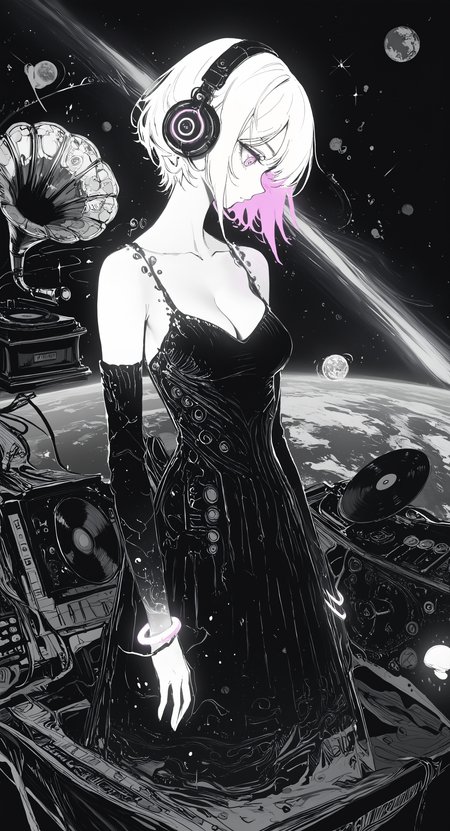 masterpiece, best quality, good quality, very awa, newest, highres, absurdres, 1girl, solo, breasts, dress, cleavage, jewelry, bare shoulders, medium breasts, collarbone, monochrome, greyscale, detached sleeves, bracelet, profile, headphones, looking down, music, cable, space, planet, earth \(planet\), high contrast, phonograph, record, limited palette, sketch, glowing, psychedelic, <lora:illustriousXL_stabilizer_v1.23:0.3> <lora:NOOB_vp1_detailer_by_volnovik_v1:0.3> <lora:ponyv6_noobE11_2_adamW-000017:0.3> <lora:114558v4df2fsdf5:0.7> <lora:XXX667:0.5> <lora:mon_monmon2133:0.6>