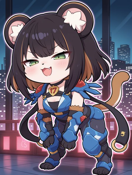 k9 city,k9-17 ripper,1other,cosplay,animal girl,solo,:3,all fours,fang,open mouth,full body,chibi,standing,outline,smug,claws,smile,white outline,black choker,animal nose,blue vambraces,black bodysuit,blue shoulder armor,blue armored legwear,blue armor,black scarf,
masterpiece,best quality,amazing quality,very aesthetic,absurdres,newest,<lora:K9-17 Ripper & Izuna illusXL v1.33:0.72>,