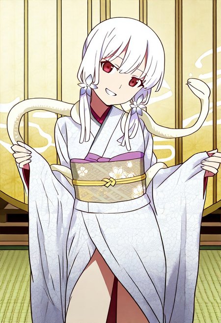 Smooth Quality - Illustrious, sfw,
anime, illustration, nadeko, red eyes,medium hair,white hair,snake hair,albino, 
<lora:NSFWFilter_illusXL_Incrs_v1:-1>
<lora:Snake_on_Shoulders:0.8> sn4k3, snake on shoulders, large snake, white snake,
1girl, solo, standing, cowboy shot, alluring pose, 
japanese clothes, white kimono, furisode, floral print, 
looking at viewer, head tilt, beautiful smile, grin,
golden folding screen, zabuton, tatami,