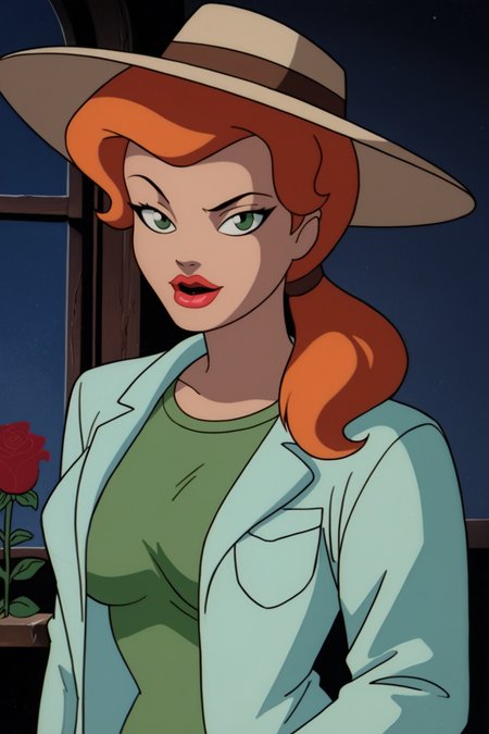PonyXLV6_Scores BREAK (1980s (style), retro artstyle, perfect anatomy, perfect eyes, cowboy shot), <lora:add_details_xl:0.8> BREAK <lora:Poison_Ivy:0.8> pamela isley, orange hair, green eyes, lipstick, red lips, flirting, raised eyebrow, ((looking at viewer)), ((hat)), ponytail, green shirt, lab coat, curvy, toned, athletic, large breasts, pruning flowers, roses, sexually suggestive, indoors