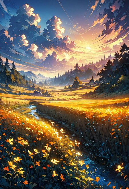 beautiful grain field, beautiful day, beautiful scenery, high quality, best aesthetics, masterpiece, illustrative details, anime illustration, digital art, no human,