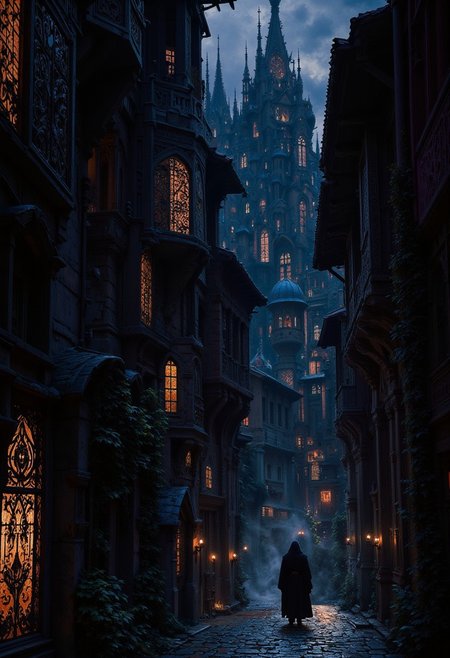 DB4RZ style painting,Dark alleyway at night, mysterious figure walking down center pathway, (detailed architecture:1.1), cobblestone pathway, gothic buildings, numerous dark windows with soft light, ( intricate decorative details:1.2) on buildings, dark blue and violet color palette, (dramatic lighting and shadows:1.2), night sky, tranquil mood, detailed texture, intricate patterns on buildings, photorealistic style, oil painting style, digital art, high detail, figure walking from viewer's left to right, medium shot, (soft focus on figure:1.2), dark blue buildings, vertical composition, wide-angle perspective, (detailed shadows along pathway: 1.1), ominous mood, medieval town atmosphere.