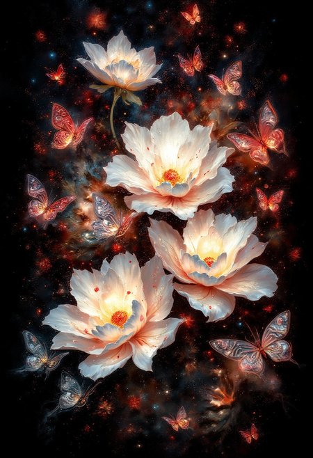 ArsMJStyle, impressionism, Ukiyo-e, A surreal and painterly composition featuring **radiant white flowers** and **dark ethereal butterflies** against a pitch-black background. The flowers exude a sense of purity and holiness. The petals are stained with crimson blood. The butterflies pulse with an otherworldly light, and their wings are traced with intricate patterns.
The atmosphere is enhanced by a dreamy **bokeh effect** that scatters soft glimmers of gold and crimson throughout the composition, creating depth and a sense of quiet wonder. The interplay of **rich white highlights and deep black shadows** evokes an enchanting, almost mystical ambiance. Subtle sparks float in the air, adding a dynamic, surreal quality to the scene.
The overall aesthetic is vivid yet balanced, emphasizing the **contrast between the glowing warmth of the flowers and harshness of the butterflies**. Rendered in **8K ultra-detail**, the textures are hyper-realistic, while the colors glow with an intense vibrancy, embodying an elegant harmony of surreal beauty and luxurious simplicity.
