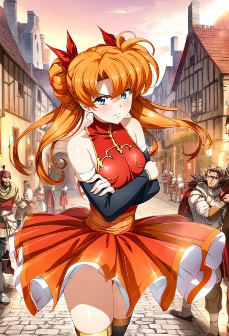 masterpiece,best quality,very aesthetic,absurdres,fantasy,solo,1girl,
<lora:tiaris_v1:1>,tiaris,t_clothes,wand,shiny hair,aqua eyes,red leotard,orange hair,detached sleeves,white mini skirt,white footwear,<lora:Fixhands_anime_bdsqlsz_V1:1>
 , crossed arms, head tilt, blush, angry, shaded face, outdoors, medieval, town, market, sunset, masterpiece,best quality, very aesthetic, absurdres, ultra detailed, high resolution, 4k, extremely detailed CG,