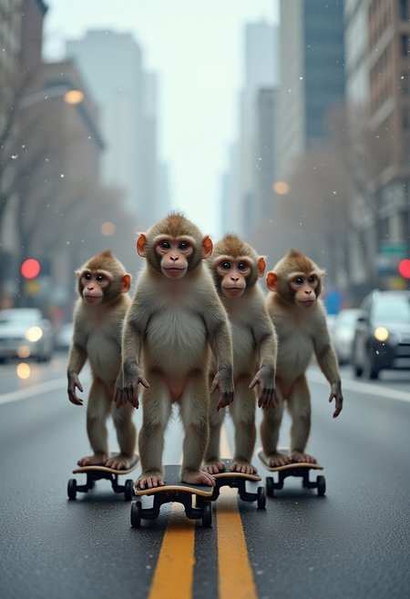 4 monkeys standing on skateboards and driving through city, winter time, they are on road, UHD, high detailed