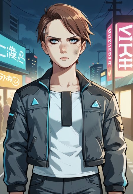 score_9, score_8_up, score_7_up, score_6_up, score_5_up, score_4_up, sketch, 1girl, short hair, brown hair, blue eyes, lips, ragged clothes, jacket, pants, dirty face, frown, outdoors, dingy cyberpunk bar, holding gun, aiming, aiming at viewer, finger on trigger,, frown, neon lights, snowy city