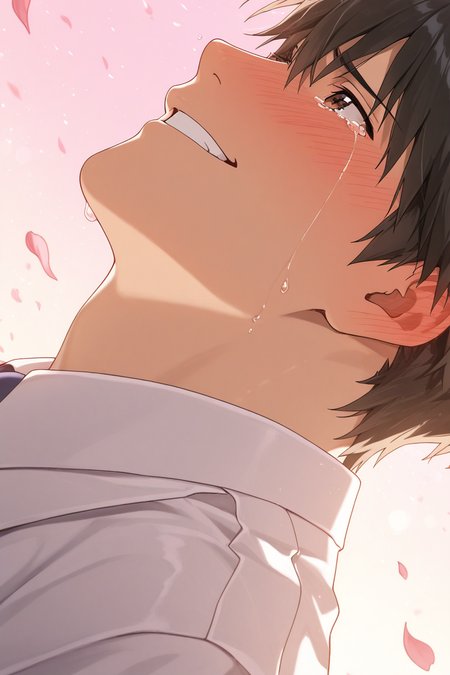 realistic shading, natural lighting, male focus, looking away, expressive face, doujouts, brown_doujouts_eyes, black_doujouts_male hair, 1boy, nose blush, ear blush, blushing, crying, teeth, grinning, happy, shiny skin, groom cosplay, white formal suit, gradient pink sky, bokeh, floating petals, romantic, from side, from below, dutch angle, dynamic angle, intricately detailed illustration, depth of field, masterpiece, best quality, amazing quality, very aesthetic, absurdres, newest, anime screencap