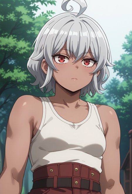 score_9, score_8_up, score_7_up,  source_hentai, best quality,masterpiece, masterpiece, Best Quality, 16k ultra-detailed, finely detailed, high resolution, perfect beautiful detailed eyes, perfect hands, white background, illustration, art, look at viewer,1girl, eris_v1, skinned female, red eyes, ahoge, small breasts, silver hair,,white tank top, hotpants, pink hotpants, small breast, Niji style, close up