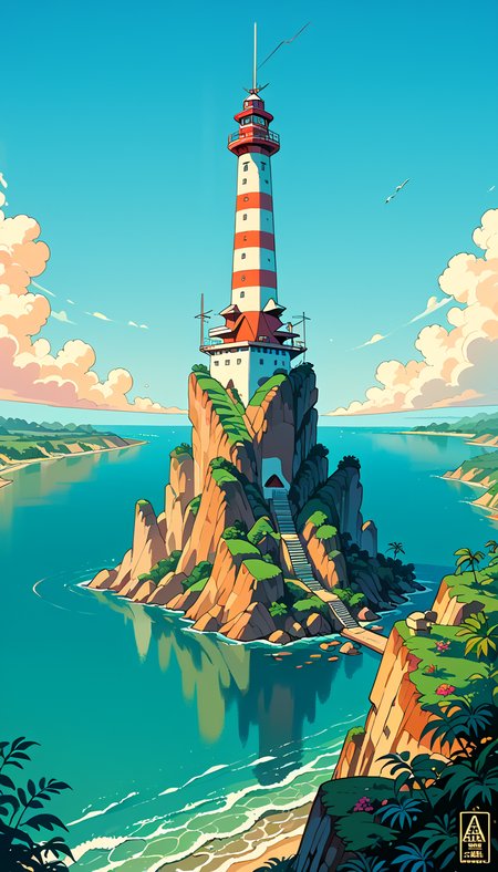 score_9, score_8_up, score_7_up, scenic lighthouse perched on a rocky coastline, overlooking the turquoise waters of Cala Ratjada, include vibrant pastel colors, sleek lines, and a retro summer atmosphere, style should be reminiscent of vintage travel posters with a modern twist, depth of field, dynamic angle, sharp, hyperdetailed:1.15