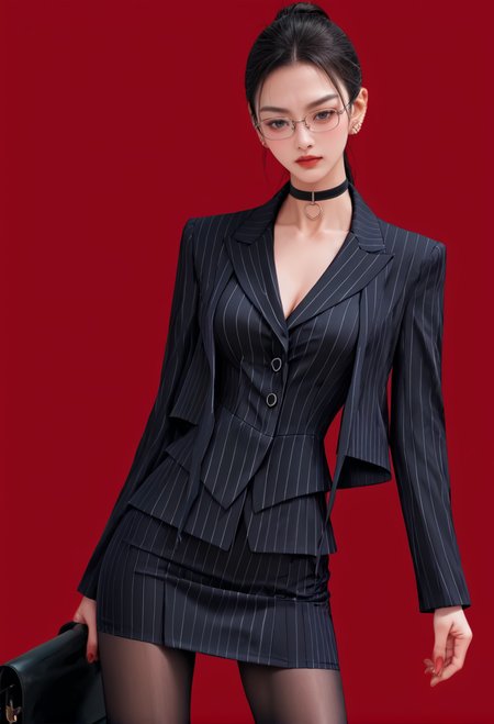 1girl,solo,red background,,ruanyi0856,striped jacket,choker,black pantyhose,glasses,black skirt,pinstripe pattern,
cowboy shot,<lora:0856 OL professional suit skirt 1_v1_pony:1>, score_9,score_8_up,score_7_up,,8k,1girl,solo,,