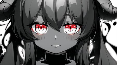 masterpiece, best quality, ultra-detailed, illustration, epic lighting, cinematic composition, colorful, sharp:1.1, 1girl, glowing eyes, demon, horns, hell, flames, sparks, (((monochrome))), (((spot color))) (extremely detailed CG:1.2), (8k:1.1)