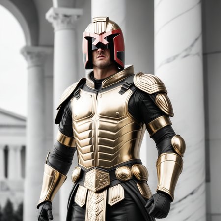 ((white gold marble statue of jdgdrdd)) helmet, armor, full body,  high quality, 4k resolution  angry, shouting blurry foreground, 8k resolution, bokeh, <lora:Char_maj-JudgeDredd2012v2-SDXL:0.8> jdgdrdd ((monochrome, black and white)), greek architecture