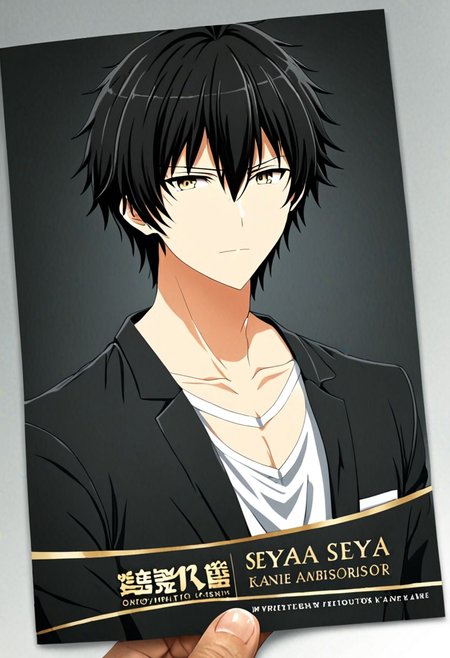 high resolution, solo, best quality, 1Boy, Seiya Kanie, black hair, short hair, thin, brand ambassador, brochure design, OverallDetail