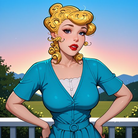 absurdres, 8k, high resolution, masterpiece, best quality, absolutely fantastic art, amazing quality, very aesthetic, 1girl, solo,  <lora:Blondie_Bumstead:.8>, bl0ndie, curly hair, blonde hair, looking at viewer, lipstick, parted lips, hands on hips, black eyes, sky, outdoors, dress, realistic, red lips, blue eyes, <lora:artist_moriimee:.7>, artist:moriimee,