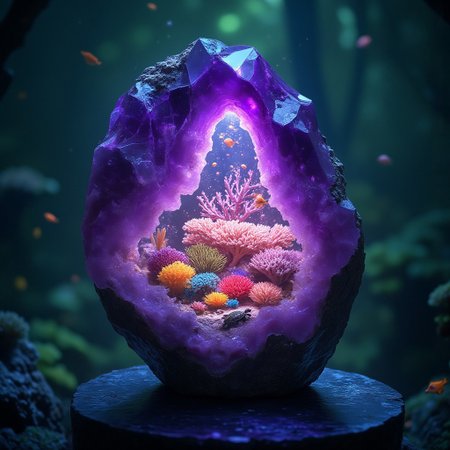 Improved cinematic photo, 35mm photograph, film, professional, 4k, highly detailed, aidmaMJ6.1,
A glowing amethyst shard encasing a miniature underwater coral reef,
The amethyst shard is jagged and multifaceted, radiating a deep violet hue with streaks of lighter lavender running through its crystalline structure. Inside, a vibrant coral reef is frozen in time, teeming with tiny, colorful details—brightly colored coral formations, miniature fish in shades of yellow and blue, and even a tiny sea turtle drifting among the structures.
The shard seems to glow softly from within, the underwater scene illuminated as if by sunlight filtering through the ocean’s surface. The shard is placed on a reflective, black stone pedestal, with faint ripples of light playing across the surrounding area. The background fades into soft, blurred greens and blues, evoking the feeling of being underwater. The composition blends the mysterious beauty of the ocean with the timeless allure of gemstones, creating a serene yet otherworldly atmosphere.