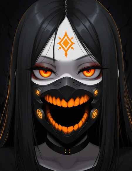 (masterpiece, best quality, ultra-detailed, absurdres, newest, detailed textures, correct anatomy:1), 1girl, dark fantasy, close-up, sinister expression, glowing orange eyes, detailed mouth mask, eerie atmosphere, black and grey color palette, high contrast lighting, dark background, intense gaze, menacing presence, dramatic shadows, horror \(theme\), intricate design, realistic textures, unsettling mood, dramatic lighting, eerie glow, haunting, detailed facial features, atmospheric, gothic aesthetic, half-closed eyes, forehead mark, eyeliner, makeup, eyelashes, pale skin, <lora:contingency:0.25>, c0nt1ng3nc1, <lora:momomoIL-style:0.25>, momomostyle, <lora:dskp_v8manga_wai_replicate:0.25>, dskp, uncensored, <lora:Urakan:0.25>, 0r4k4n