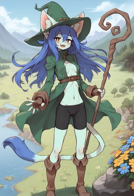 score_9, score_8_up, score_7_up, score_6_up,
Amboina, catgirl, anthro, blue fur, blue hair,  long hair, yellow eyes, white pupils, half closed eyes, pink nose, claws, blush,tail, animal ears,
green jacket witch_hat, open jacket, bike shorts, brown fingerless_gloves, brown boots,
staff,
smile, happy, open mouth, looking at viewer, legs apart, standing, butterfly,  trees,
mountain trail, valley view, river,  flowers, ((wind blowing hair):1.2),  wind, rocks, grass,
<lora:Amboina_v2:1>