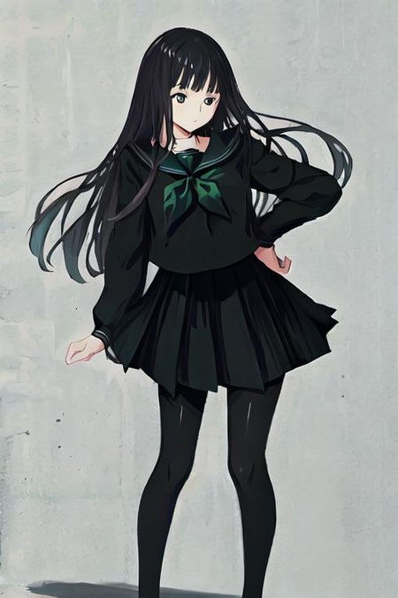 Rinne byuakuya, long hair, black hair, black eyes, small breasts, black serafuku, green necktie, black skirt, pantyhose