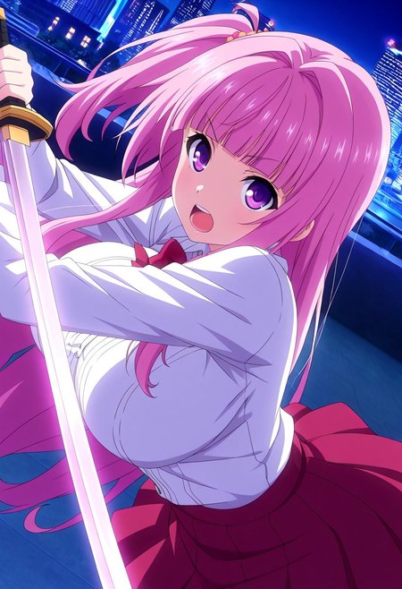 general,highres, ultra-detailed,very aesthetic,best quality ,best hands,best eyes,easynegative,
dynamic angle, dutch angle, anime cloring,anime screencap,
1girl solo,looking at viewer,city,night,holding sword, fighting, open mouth, 
 Ai HINATA,pink_hair, very_long_hair,short side ponytail, blunt bangs, huge_breasts, purple_eyes,white shirt, red skirt,