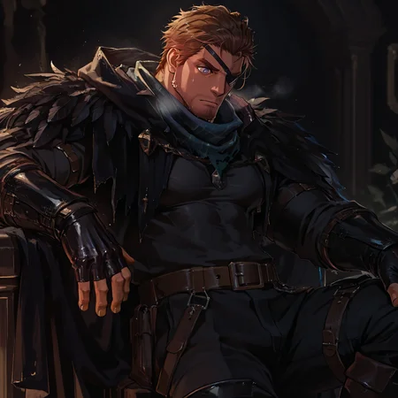 <lora:Corvus__Alchemist_Code-000003:.7>, tagatamecorvus, corvus_brunette, corvus_grey eyes, 1boy, short hair, solo, male focus, manly, bara, mature male, muscle body, scarf, handband, cloak, shirt, long sleeves, fingerless gloves, feather trim, belt, pants, boots, eyepatch
{upper body|cowboy shot}, 
(very short hair), male focus, muscular male, large pectorals, muscular male, bara, mature, (hairy body, hairy, body hair, arm hair, leg hair, hairy body, glossy skin, bara, mature, facial hair, beard, full beard, sideburn, mustache, stubble), facial hair, bara, mature, body hair, aixiwuganda_(20222192), very awa, masterpiece, best quality, absurdres, newest, perfect quality, detailed background, intricate details,<lora:slider_Body Type_alpha1.0_rank4_noxattn_last:2><lora:Anime Summer Days 2 Style SDXL_LoRA_Pony Diffusion V6 XL:.6><lora:merged:.7>, DARK, DARK BACKGROUND, LOW-KEY LIGHTING <lora:slider_cfg_scale_boost:.7><lora:Artist6p:.55>, Artist6p, Artist04p,<lora:slider_il_brightness_slider_d1:-.5><lora:slider_il_contrast_slider_d1:-.25>,<lora:slider_contract_controller_illus01_v1:.3>, <lora:addon_illustriousXLv01_stabilizer_v1.121:.5>,<lora:slider_DarkSlider1.2_alpha1.0_rank16_full_300steps:-.2><lora:Heavenly_Beauty_r1:1>, (heavenlybeauty,)<lora:slider_style_strength_controller_illus01_v1:.25>
