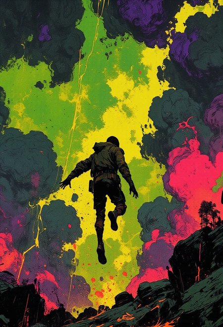 ((A highly stylized digital artwork (in the style of cksc:1.3), dramatic, artistic brilliance, masterpiece)) featuring a high contrast, toxic color palette. The image centers around a black silhouette of a figure in mid-leap, positioned slightly off-center to the left. Their arms are outstretched, legs bent, and the dynamic pose suggests a sense of swift motion and energy. The figure is set against an intense, swirling backdrop of neon greens, deep purples, electric pinks, and radioactive yellows—colors clashing and blending in toxic waves that form a chaotic whirlpool effect. These saturated, high-contrast hues dominate the composition, their sharp vibrancy heightening the energetic tension in the artwork. The blending of the glowing, neon colors creates a sense of dangerous, raw energy that contrasts starkly against the dark silhouette of the figure. Fluid, expressive lines and dynamic brushstrokes add depth and motion to the composition, emphasizing the violent force of the toxic, otherworldly colors. The overall style is bold, modern, and abstract, filled with high-energy drama and intensity.
