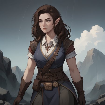 score_9, score_8_up, score_7_up, cowboy shot, 1girl, <lora:Octavia_Pathfinder_Kingmaker_PXL:1> octavia_kingmaker, standing, BREAK outdoors, mountain background, rocky cliffs, dark sky, rain clouds