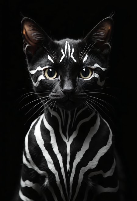 Hyperrealistic close-up portrait of a domestic shorthair cat with striking, artificially painted geometric patterns. The cat's face and upper body are covered in bold, precise white stripes and shapes against its natural black fur, creating a mesmerizing optical illusion. The pattern features straight lines, right angles, and symmetrical designs reminiscent of tribal or futuristic art.
The cat's piercing, almond-shaped eyes stand out against the black and white contrast, conveying a sense of mystery and quiet intensity. Its ears are perked forward, alert and attentive. The cat's small, pink nose is perfectly centered, providing a subtle touch of color amidst the monochrome design.
Shot against a pure black background, the lighting is dramatic and high-contrast, emphasizing the stark black and white patterns. The illumination highlights the sleek texture of the cat's short fur and the reflective quality of its eyes.
Every detail is captured with precision: individual whiskers, the subtle variations in the cat's skin texture, and the crisp edges of the painted patterns. The image is composed as a head and shoulder shot, filling the frame with the feline's uniquely adorned face and upper body.
The overall effect is a striking blend of feline grace and artificial design, creating an image that is both elegant and surreal, captured with the clarity and depth of a high-end fashion or wildlife photograph. The cat's inherent air of mystery is amplified by the enigmatic geometric patterns, resulting in a visually arresting portrait.