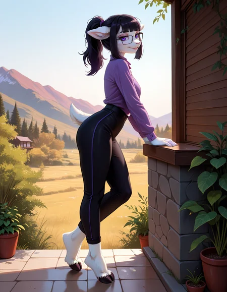 masterpiece, best quality, very aesthetic, absurdres,
outdoors,
full body, seductive smile, parted lips, long eyelashes,
 <lora:Tala_v01_NAIXL:1>
T4l4,1girl,solo,furry,furry female,black hair,animal ears,ponytail,blunt bangs,purple eyes,glasses,snout,animal nose,body fur,white fur,tail,hooves,