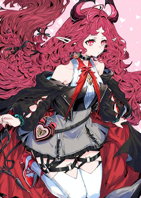<lora:BebopSensen250208:1>,Bebopsensen,<lora:nymph_arknights_for_IL:1>,nymph_\(arknights\),pointy ears,red hair,red eyes,horns,ahoge,demon horns,braid,dress, white thighhighs , thigh strap,  high heels , off shoulder, red bowtie , black choker,   heart-shaped bag,<lora:NOOB_vp1_detailer_by_volnovik_v1:1>,<lora:noobai_ep11_stabilizer_v0.138_fp16:1>,