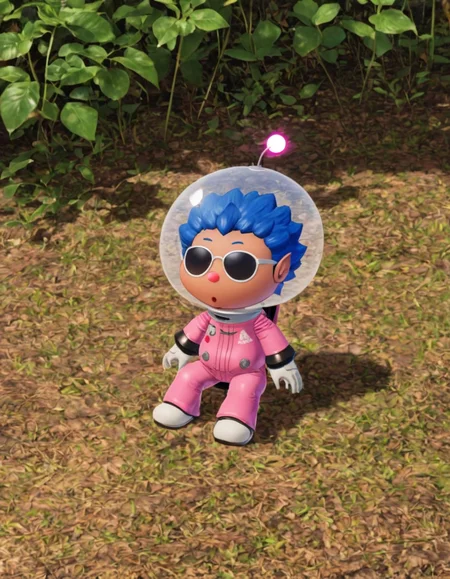 P1km1nCrew, afro, 1boy, man, male focus, solo, outdoors, blue hair, pink jumpsuit, space_helmet, thin head, sitting,  sunglasses, anime, tan skin,
<lora:P1km1nCrew_SDXL:.9>