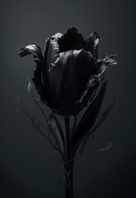 anime, illustration, cartoon, 4k  
Beauty, OverallDetail, fHandDetail, eye catching, drab, hyperkraximalism. She planted it under the light of the new moon, and as the days passed, a sprout emerged, then a stem, and finally, a bud, black as night.
The villagers watched in awe as the bud unfurled its petals, revealing a tulip so black, it seemed to absorb all light around it. She created the black tulip, a marvel that defied nature itself.