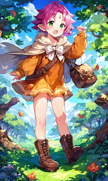 score_9, score_8_up, score_7_up, source_anime, rating_explicit, BREAK  <lora:Fae_Fuuin_no_Tsurugi_XL:1>
Fae, short hair, pink hair, green eyes,  solo, open mouth, facial mark, long sleeves, dress, full body, bag,  boots, cape,
forest,