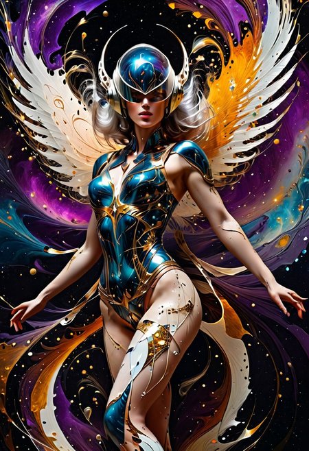Female, 28, human-celestial hybrid, 6'2", ethereal grace, stoic power, shimmering luminescent skin, piercing amethyst eyes, silver-white hair, starlit beads, flowing vestment, stardust alloy armor, celestial etchings, glass visor helmet, nebula iridescence, translucent energy feathers, cosmic glow, "Stellaris Guardian" mecha exosuit, 10-foot wingspan, phoenix essence, epic battles, intergalactic diplomat, gentle warrior spirit, rare artifact collector, ancient poetry aficionado, interstellar guardian, tactical strategist, humble heroine, cosmic emblem, starlit elegance, diplomatic valkyrie, dynamic angle, dynamic pose, Jackson Pollock paint splash style