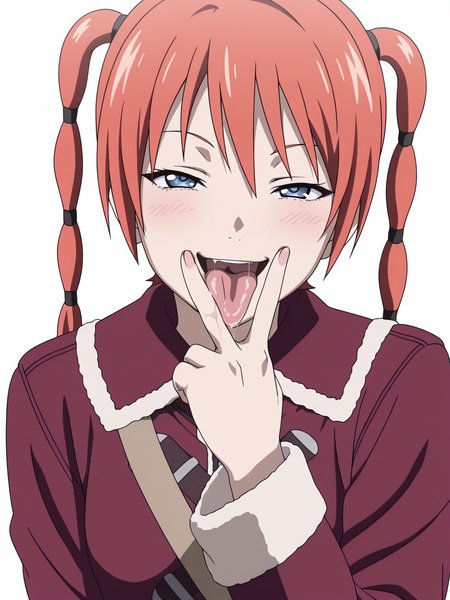 best quality, amazing quality, very aesthetic, absurdres, masterpiece, <lora:Ran_Theoria_ILXLv0:0.9> ran_theoria, coat, anime screencap, white background, <lora:cunnilingus-gesture-ponyxl-lora-nochekaiser:1> cunnilingus gesture, v over mouth, tongue out, tongue, v, saliva, smug,