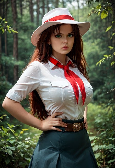 score_9, score_8_up, score_7_up, 
forest, outdoors,
1girl, solo, olga dmitrievna,
long hair, brown hair, green eyes, looking at viewer, big breasts, shirt, red tie, hat, belt, skirt,
serious, hands on waist