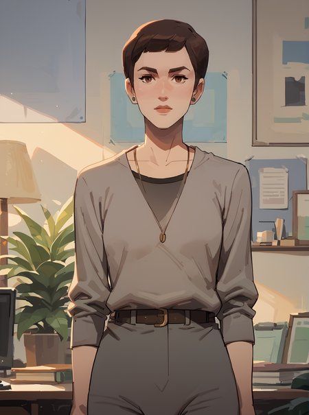 score_9, score_8_up, score_7_up, 1girl, short hair, cartoon, looking at viewer, <lora:ellenkpxl:1>, ellenkpxl, brown hair, grey top,  2d, office, pants, best quality, black undershirt,