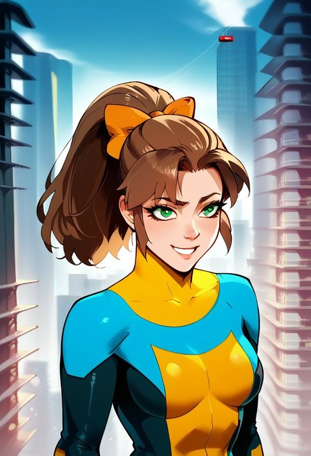 score_9, score_8_up, score_8, source_anime,
Upper body,
 ,1girl, solo, medium breasts, brown hair, green eyes, ponytail, hair bow, orange bow, smile, 
Invinciblemcyellow,full bodysuit, color blocking,  ,skintight suit, yellow torso colored suit, yellow blue and black suit, black colored lower body suit, blue collar suit, yellow fingerless gloves, 
,city background, flying,