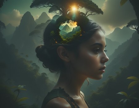 Dreamscape 
 <lora:bubble_watercolours_LCM:0.8>Dubrec styleï¼Girl head portraitï¼Jungle mountains image foregroundï¼ï¼multiple exposureï¼1.8ï¼ï¼Complex illustrations in surrealist art styleï¼Surreal dreams
 . Surreal, ethereal, dreamy, mysterious, fantasy, highly detailed