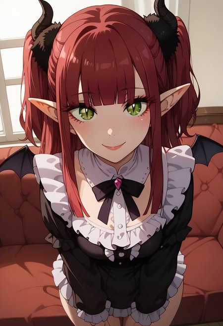 score_9,score_8_up,score_7_up,<lora:Expressive_H:1>,expressiveh,source_anime,best quality,masterpiece, high detail, high quality, high eye detail, high face detail, high body detail, depth of field, 
(1girl), ((solo)), ((adult)), 24 years old, medium breast, ((big ass)), on a bed,
<lora:Marin_Kitagawa_My_Dress-Up_Darling__-_Pony_XL:.8>, Marin Kitagawa, Liz-kyun, 1girl, (solo), ((pointy ears)), ((horns)), ((green eyes)), ((red hair)), cosplay, long hair, ((demon horns)), ((demon wings)), two side up, wings, frills, long sleeves, demon girl, blunt bangs, couch, shirt,
Look at the viewer seductive smile, 
((Dutch angle 60)), (((top view))), standing, portrait, Front view,