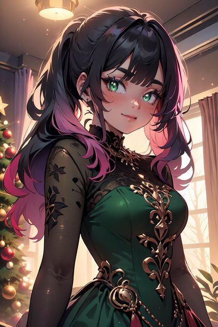(masterpiece, best quality, highres, high resolution:1.2), extremely detailed, intricate details, 1girl, solo, looking at viewer, clamEmma, <lora:clamEmma:0.6>,  <lora:HolidayIdidalittlebit:0.8> holidayxl style, holidayxl style dress, smile, christmas tree, side-swept bangs, black hair, pink IncursioDipDyedHair, messy mid ponytail, green eyes, thick eyebrows, freckles, <lora:DipDyedHair:0.8>, <lora:weight_slider_v2:0.25>, (cinematic lighting, bloom, volumetric)