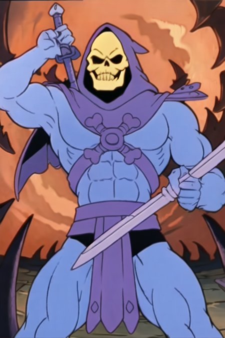 skeletor, holding_sword, foreshortening, evil_grin,  castle