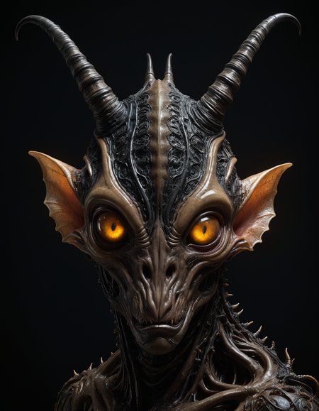 dynamic view, side view, hyper realistic photograph of  a bizarre biomorphic alien creature with a massive chin and a pair of huge horns,  clear glowing eyes, extremely dark glossy realistic alien skin, black and asphalt grey hue, by Petros Afshar and John Atkinson Grimshaw, (intricate , iconic , masterful:1.4), medium full shot, poster art, bold lines, hyper detailed, expressive,  award winning,  dark limited color palette, high contrast, depth of field, (intricate details, masterpiece, best quality:1.4),
spot lighting, looking at viewer, dynamic pose, wide angle view,
<lora:add-detail-xl:1> <lora:xl_more_art-full_v1:0.5>  <lora:NicolaSamori:0.5> in the style of nicola samori <lora:looking_at_viewer:2>