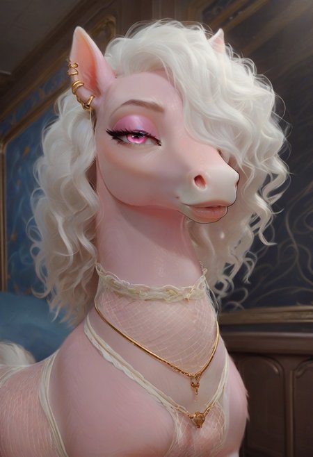 3D, score_9, score_8_up, score_7_up, interior, close-up, cozy, highly detailed, film grain, BREAK, photo, Hyper realistic, high quality, (((photo))), NSFW,
 BREAK,
Solo, equine, feral horse fullbody view, thick voluptuous feral body, (((light pink fur))), majestic, celestial, neon pink eyes, pink eyeshadow, white lips, white sclera, sexy, (((seductive face, bedroom eyes))), feral equine portrait, decorated body, white fishnet neck sleeve, gold earrings, white curly mane, one eye covered, hair over one eye,
BREAK,
Thick thighs, wide body, plump figure