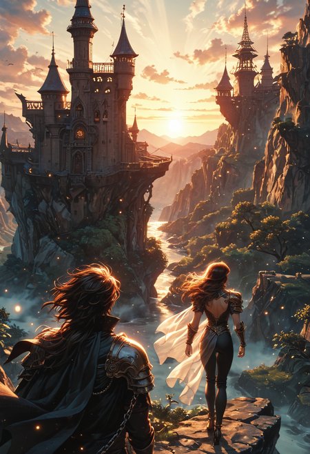 (score_9, score_8_up), score_7_up, source_cartoon, edge of a cliff, 1girl, 1boy, flowy cape, armor, chain, black pants, shoulder armor, floating hair, very long hair, from behind,  magical robe, standing, magical tower, cliffside environment, retro sunset strip lighting, stream of consciousness perspective, flat color, depth of field, blurry background, bokeh, detailed line work, detailed background, flat color, dark theme, dskxadms, comic art, <lora:sdxl_lightning_8step_lora:1><lora:glowneon_xl_v1:0.5> <lora:add-detail-xl:0.5>  <lora:Dark_Anime:0.2> <lora:Art_Adams_Style_Pony_XL:0.4> <lora:Ghibli_style_PDXL:0.2>