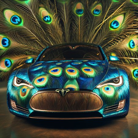pavolaris tesla car with peacock feathers, professional  photo, expressive, detailed, sharpened, cinematic<lora:pavolaris:1>