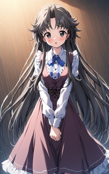 1girl, chisa\(memories off 6\), solo, sky, outdoors, long sleeves, open mouth, v arms, burgundy-color dress, dark red waistband, white shirt inside, frills, blue neck ribbon, black long hair, black eyes, :o, looking at viewer, blush, buttons, masterpiece, best quality, very aesthetic, absurdres, vivid colors, highres, 4k, 8k, intricate detail, cinematic lighting, wallpaper  <lora:aesthetic_anime_v1s:1> <lora:chisa_v2:1>